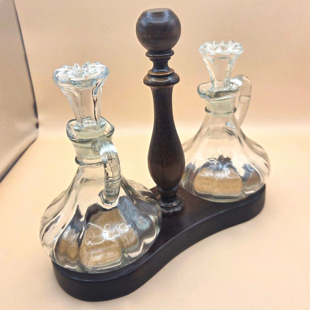Glass Oil & Vinegar Cruet Set w/ Lids, Wood Caddy Stand, Clear/Brown 3pc